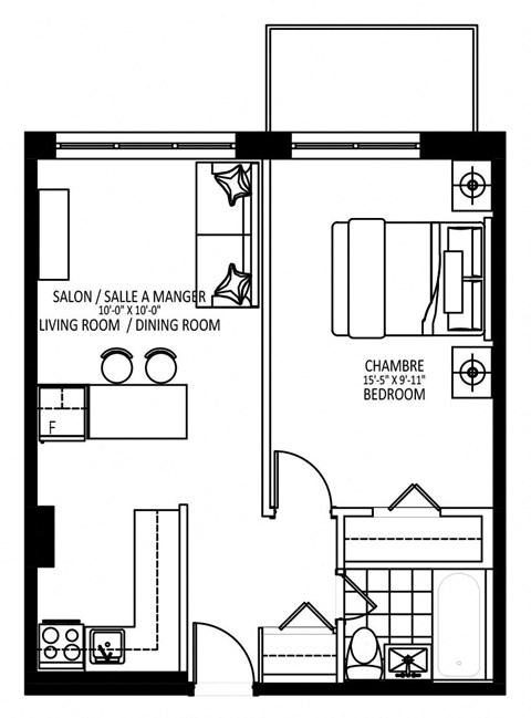 Floor plan for 1 bed, 1 bath, 511 sqft
